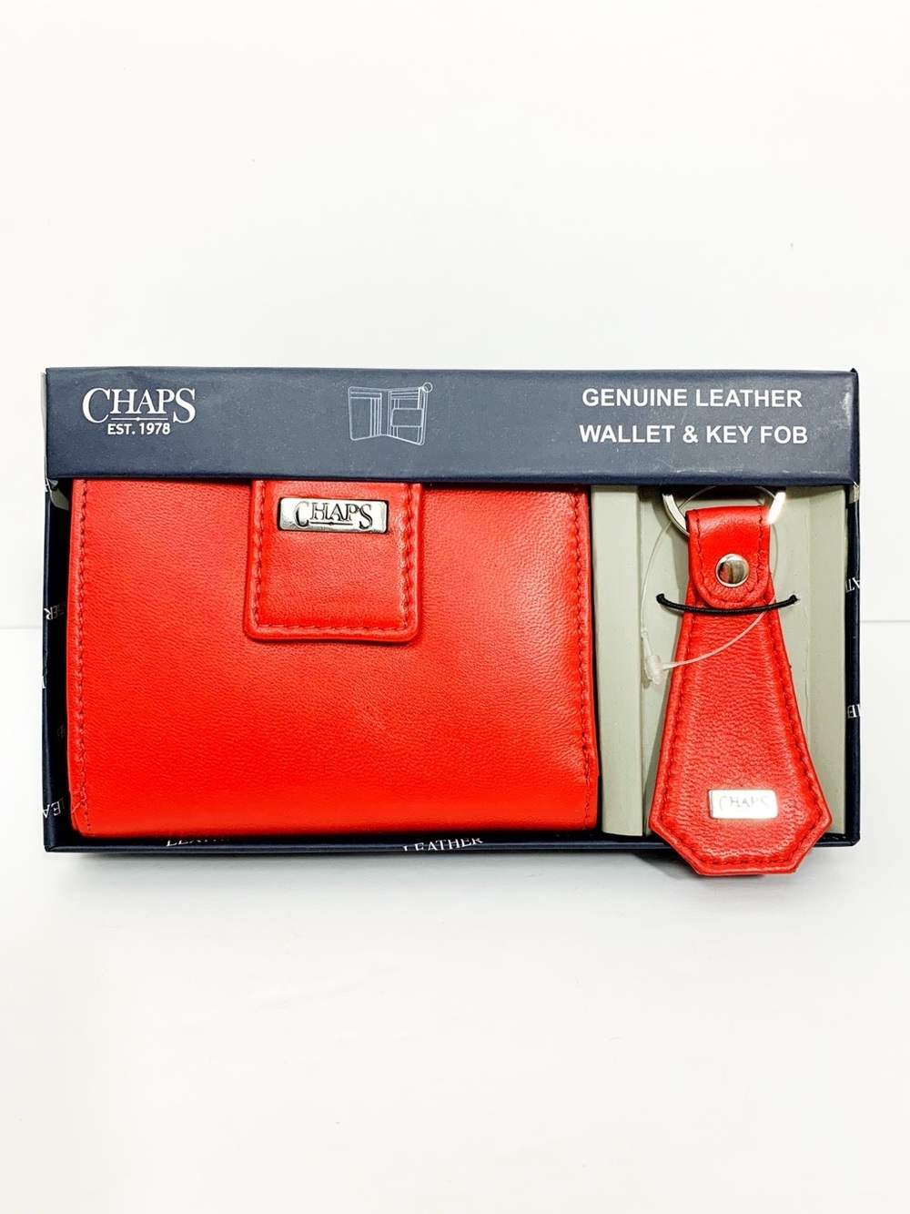 Chaps Red Genuine Leather Wallet and Key Fob Set NIB